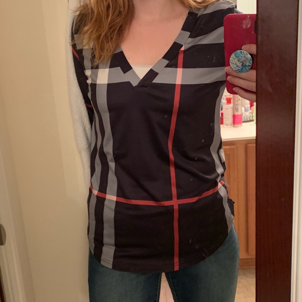 Plaid Patterned Blouse Red Gray White Black